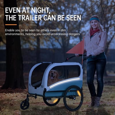 2-in-1 XXL fietsaanhanger voor honden, opvouwbare hondenaanhanger met dakopening, reflectoren en reflecterende strepen, universele fietskoppeling, in hoogte verstelbare duwgreep