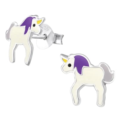 Aramat Jewels | Oorbellen | Zilveren Eenhoorn Oorbellen - Unicorn - 9mm - wit - paars | | | |9mm | Zilver | Kinderen | Verkleurd niet