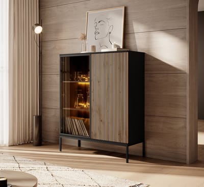 Meubella - Vitrinekast Legend - Mat zwart - Eiken - 104 cm - Laag