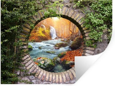 Muurstickers - Sticker Folie - Herfst - Waterval - Natuur - Doorkijk - 40x30 cm - Plakfolie - Muurstickers Kinderkamer - Zelfklevend Behang - Zelfklevend behangpapier - Stickerfolie