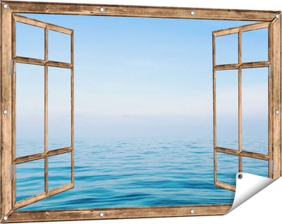 Gards Tuinposter Doorkijk Zee met een Blauw Hemel Achtergrond - 120x80 cm - Tuindoek - Tuindecoratie - Wanddecoratie buiten - Tuinschilderij