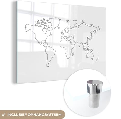 ® Glasschilderij 120x80 cm - Schilderij acrylglas - Wereldkaart - Simpel - Zwart - Wit - Foto op glas - Muurdecoratie woonkamer - Wanddecoratie slaapkamer - Schilderijen