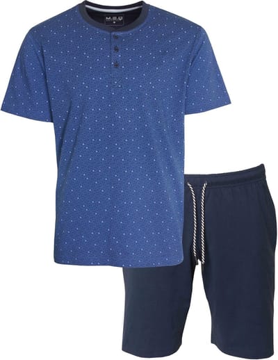 MEQ Heren Shortama - Polo Sluiting - Pyjama Set - Blauw - Maat S