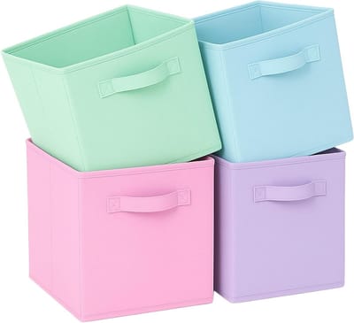 Vouwbare Opbergdozen van Stof met Handvatten voor Thuis, Kinderkamer en Speelgoedorganisatie, Set van 4, 26.7 x 26.7 x 28 cm, Kleurmix voor Efficiënte Opslag