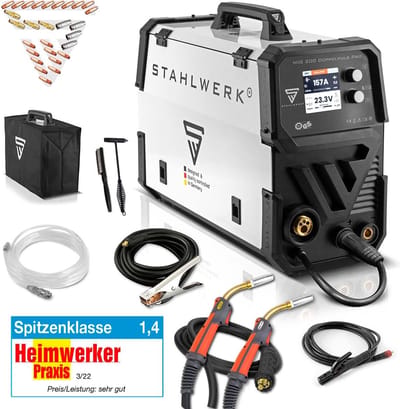 MIG MAG 200 double pulse Pro volledig synergetisch lasapparaat met AK25/MB25 aluminium lastoorts en slijtdelenset voor aluminium lassen