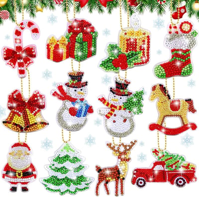 12 Stuks Kerst Hangertjes voor Diamant Schilderen, 5D Sleutelhangers, Creatieve DIY Decoratie voor Kerstmis, Kinderen en Raamdecoratie