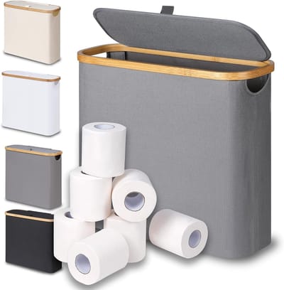 Toiletpapieropbergmand met Deksel van Bamboe, Badkamer Organizer voor 9-12 Rollen, Ideaal voor Kleine Ruimtes en Efficiënte Opberging