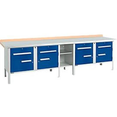 Box-type werkbank Schäfer Shop Select PWi 300-0, beuken multiplex blad, met stalen afdekking, tot 750 kg, B 3000 x D 700 x H 840 mm, gentiaanblauw