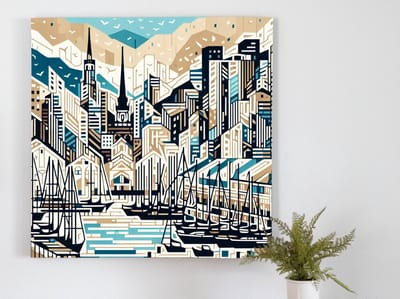 Abstract haven schilderij | Haven van kleuren en vormen: een abstract kunstwerk vol pracht | Kunst - 100x100 centimeter op Forex | Foto op Forex