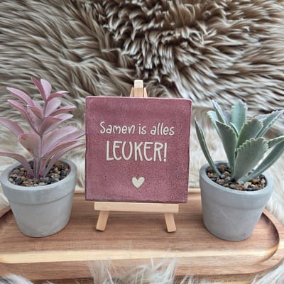 Robuust wenstegeltje “Samen is alles leuker!” – Liefde & Vriendschap Cadeau – Keramiek – Decoratie – Relatie Cadeautje – Vriendschap - Trendy nu – Decoratief Tegeltje met Standaard – Cadeau Idee