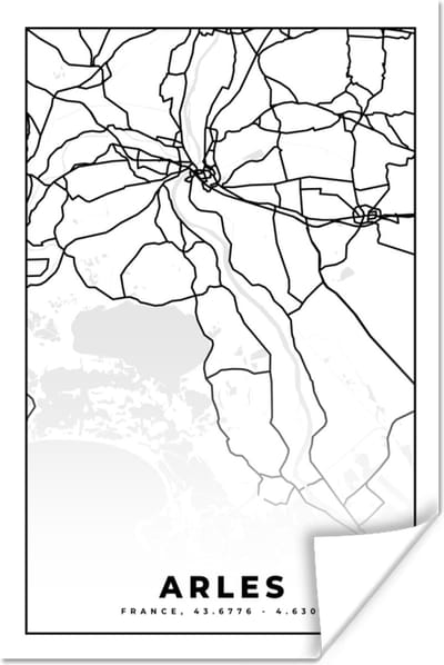 Poster Frankrijk – Plattegrond – Stadskaart – Arles - Kaart - Zwart wit - 120x180 cm XXL