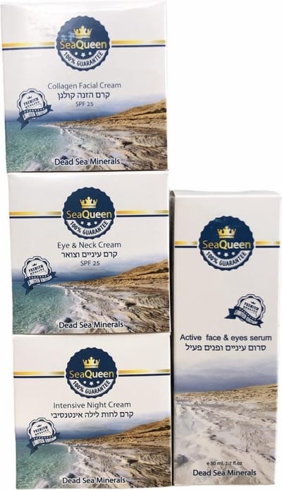Geschenkset Moederdag cadeautje set SeaQueen - Dead Sea Minerals - Face and Eye Serum & Collagen Facial Cream & Eye and Neck Cream & Intensive Night Cream (Dode Zeezout serum & collageen gezichtscrème & oog en nek crème & nachtcrème)