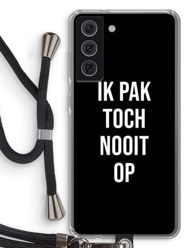 Case Company® - Hoesje met koord geschikt voor Samsung Galaxy S21 FE hoesje met Koord - Ik pak nooit op - Zwart - Telefoonhoesje met Zwart Koord - Bescherming aan alle Kanten en Over de Schermrand