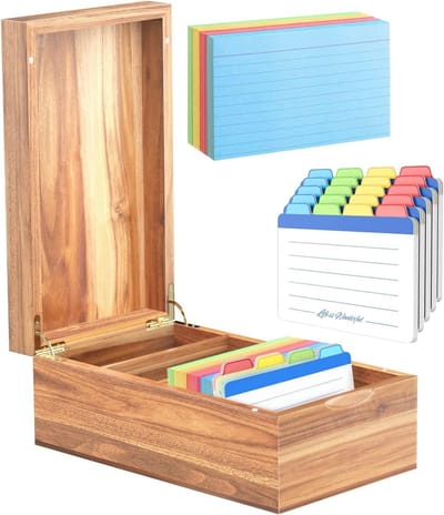Indexkaarten Organizer met Deksel - Houten Notitiekaarten Houder met 200 Kaarten en 20 Scheidingswanden, Geschikt voor 600 Kaarten, 4 Compartimenten, Magnetische Sluiting, Bureauopslag voor Studie