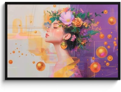 Poster in lijst - Fotolijst 120x80 cm - Posters - Abstract - Vrouw - Bloemenkroon - Goud - Posterlijst zwart - Decoratie - Wanddecoratie woonkamer - Muurdecoratie slaapkamer