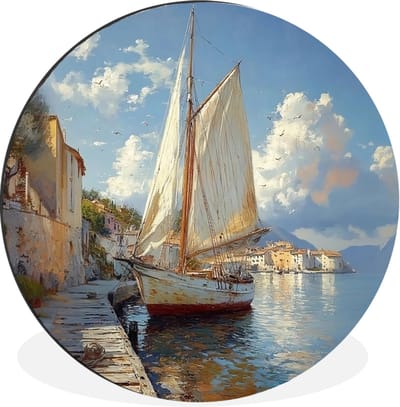 WallCircle - Wandcirkel - Muurcirkel - Zeilschip - Huizen - Kade - Zee - Aluminium - Dibond - 30x30 cm - Binnen en Buiten