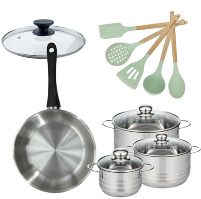 Set Koekenpan 28cm met deksel Fackelmann Genève en 3 Kookpotten 16/20/24cm met 5 keukengerei Oceaan
