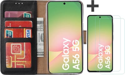 Hoesje met 2 Stuks Screenprotectors Geschikt voor Samsung Galaxy A56 – Arara bookcase met pasjeshouder - Zwart