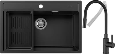 Anycee Max Spoelbak voor keuken 70x46CM - Granieten Spoelbakken Met Keukenkraan - Spoelbak Keuken Zwart - Spoelbak met Afdruiprek