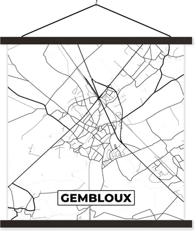 Posterhanger incl. Poster 60x60 cm - Schoolplaat - Stadskaart – Plattegrond – België – Zwart Wit – Gembloux – Kaart - Textielposter - Zwarte latten - Stadskaart