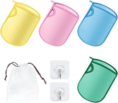 Badhandschoenen - Set van 4 stuks voor zachte peeling en opbergen - Geschikt voor volwassenen en kinderen - Handig en pijnloos - Inclusief haken en opbergzakken.