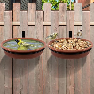 Vogelbadbak - Hangend type Vogelbadje - Drinkbak voor vogels - Vogelvoederhuisje voor op de reling - Kan worden geïnstalleerd op houten schuttingen bomen of terrasleuningen - 2 Stuks - 20 CM - Bruin