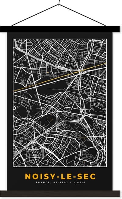 Posterhanger incl. Poster 40x60 cm - Schoolplaat - Noisy-le-Sec - Kaart - Stadskaart - Frankrijk - Plattegrond - Textielposter - Zwarte latten - Stadskaart