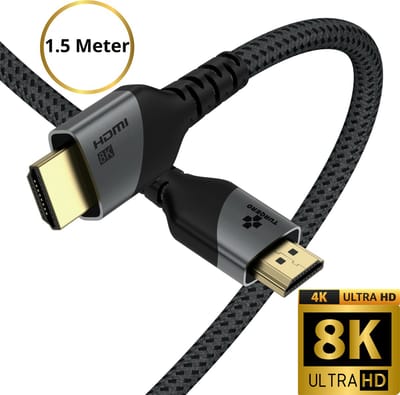 TURQERO© 8K HDMI Kabel 2.1 - 4K Ultra HD - Hoge snelheid - 4K (120Hz) - 8K (60Hz) - HDMI naar HDMI - 1,5 METER - Nylon - Zwart