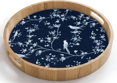 Dienblad rond 40x40 cm - Schootdienblad hout - Grafisch - Bloesemtak - Blauw - Borrelplank rechthoek - Plateau houten dienbladen