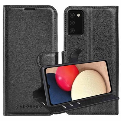 Cadorabo Hoesje geschikt voor Samsung Galaxy A02s in PHANTOM ZWART - Beschermhoes met magnetische sluiting, standfunctie en kaartvakje Book Case Cover Etui
