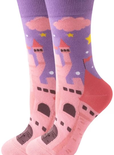 Dames sokken - paars - roze - leuke print kasteel - 36 - 40 - cadeau voor haar - geschenk vrouwen sokken - Kerst cadeau - verjaardagscadeau