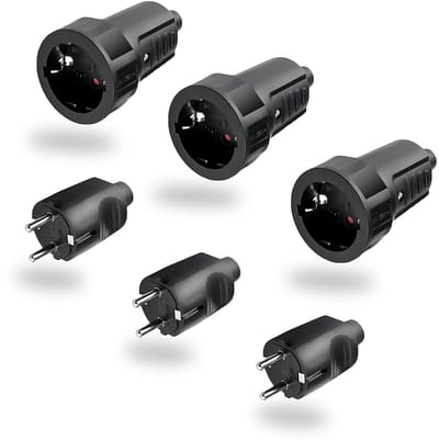 3 Paar Elektrische Adapters voor 2-Pin Schuko Sockets, Plug en Stopcontact Koppeling, IP44 Waterdicht, 250V, 6A, Reducer en Ronde Stekker