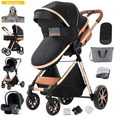 Kelseek kinderwagen - Buggy - Reiswagen - 3 in 1 - Leeftijd 0-3 jaar - Met accesoires - Opvouwbaar - Lichtgewicht - Zwart met goud
