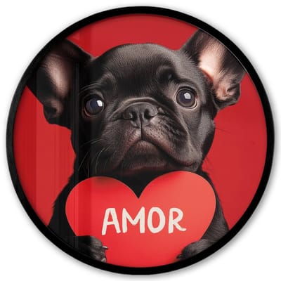Poster in lijst Rond - Fotolijst 40x40 cm - Posters - Amor - Hond - Hartje - Rood - Ronde posterlijst zwart - Decoratie - Wanddecoratie woonkamer - Muurdecoratie slaapkamer
