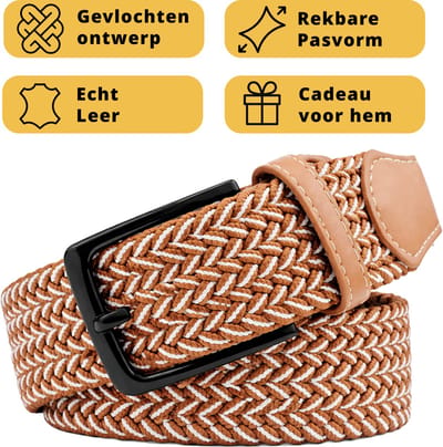 Garzini Elastische Riem Heren - Gevlochten Broekriem Heren zonder gaatjes - Broekriem zonder gaatjes - W31-W33 (91-99 cm) - Bruin Wit