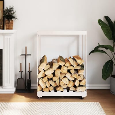 Brandhoutrek met wieltjes - Haardhout opslag - Haardhout bewaren - Stevig grenen hout - 76x40x108 cm - Wit