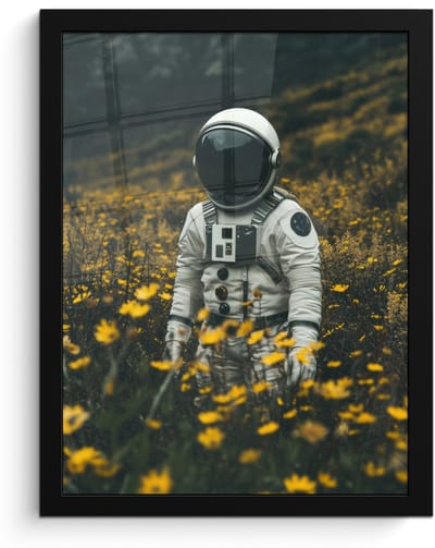 Poster in lijst - Fotolijst 30x40 cm - Posters - Astronaut - Bloemen - Veld - Geel - Posterlijst zwart - Decoratie - Wanddecoratie woonkamer - Muurdecoratie slaapkamer