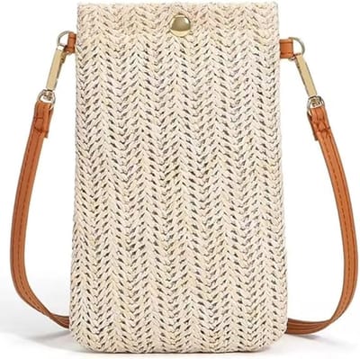 VHV-Telefoontas Dames - Stijlvolle Rietjes Tas voor Mobiel - Kleine Schoudertas van Stro - Modieuze Portemonnee voor Zomer en Vakantie - Beige