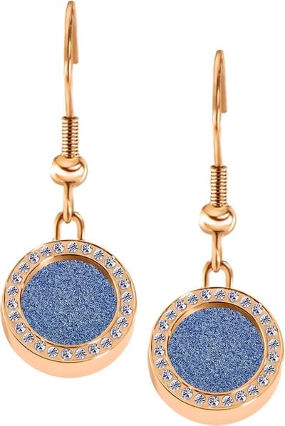 Quiges RVS Schroefsysteem Oorhangers Oorbellen Rosékleurig met Zirkonia en Verwisselbare Glitter Blauw Mini Munt Set - ECOS143
