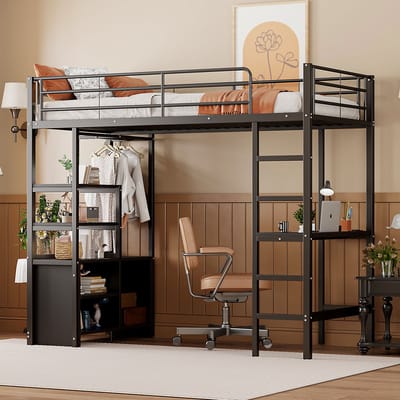 Wishdor Metalen Hoogslaper met Bureau & Opbergruimte (90x200 cm) - Tienerbed incl. Stopcontact & USB - EN747 Veiligheid - Zwart