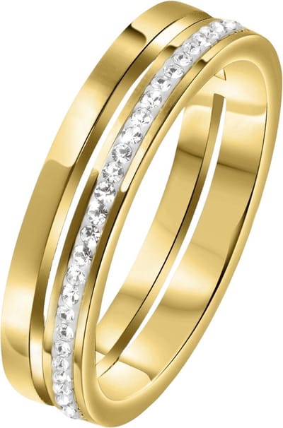 Lucardi Dames Ring goldplated 2rij met kristal - Ring - Cadeau - Staal - Goudkleurig