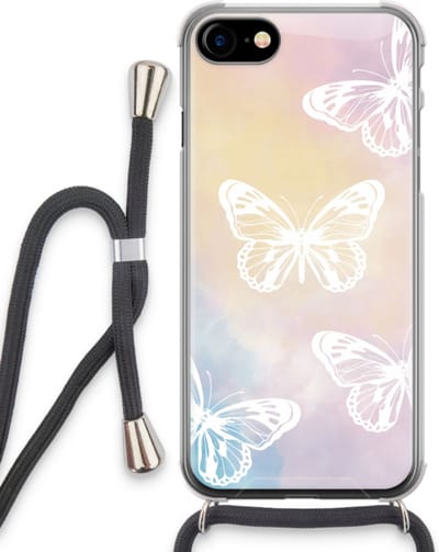 Case Company® - Hoesje met koord geschikt voor iPhone SE 2020 hoesje met Koord - White butterfly - Telefoonhoesje met Zwart Koord - Bescherming aan alle Kanten en Over de Schermrand