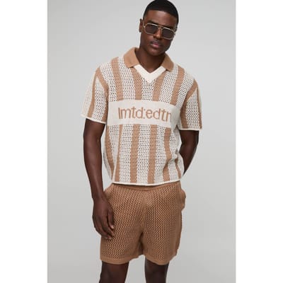 Regular Fit Open Stitch Stripe Football V-hals Gebreide Korte Set | Taupe | Size Medium