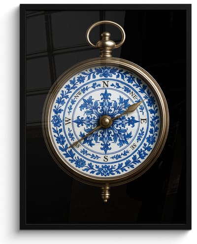 Poster in lijst - Fotolijst 50x70 cm - Posters - Kompas - Delfts blauw - Zwart - Posterlijst zwart - Decoratie - Wanddecoratie woonkamer - Muurdecoratie slaapkamer