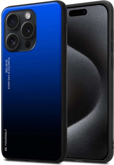 Cadorabo Hoesje geschikt voor Apple iPhone 15 PRO in BLAUW - ZWART - Tweekleurige beschermhoes van TPU-silicone Case Cover en achterzijde van gehard glas