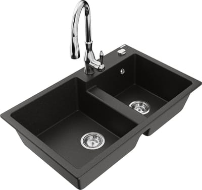 Mexen Tomas granieten gootsteen 2-kamer met keukenmengkraan Savita, zwart/goud metallic - 6516-75-672601-00