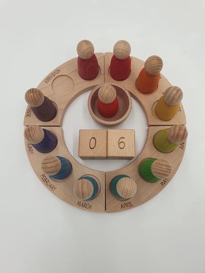 Houten kalender voor kinderen - 12 poppetjes - Engelstalig - Maanden en Datum leren - Open einde speelgoed - Educatief speelgoed - Montessori