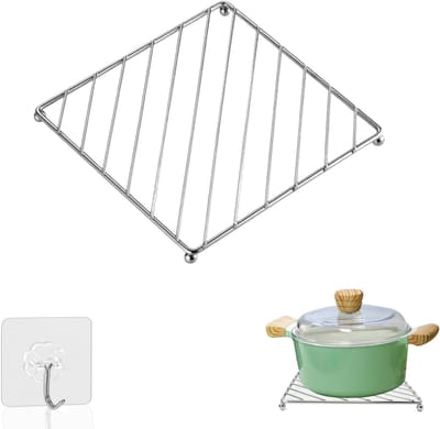 Roestvrijstalen pan en panbeschermer met haken, 18.5 x 18.5 x 1.5 cm, krasbestendige separator voor het beschermen van oppervlakken, ideaal voor keukenorganisatie en efficiëntie