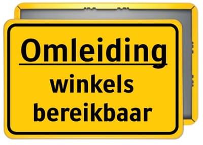 Bord Omleiding – winkels bereikbaar – geel - Weerbestendig Aluminium - 60x90 cm - Bevestiging: Zonder bevestiging (alleen het bord)