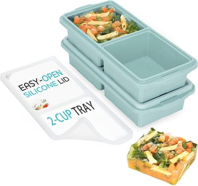 Siliconen diepvriesvormen met deksels – Opbergbakken met meerdere vakken en stalen frame, BPA-vrije vormen voor soep, babyvoeding, sauzen & meal prep – Ontwerp voor eenvoudig lossen (Grijsblauw, 2 x 500 ml)